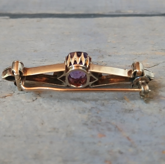 Antique Victorian 14K Yellow Gold Amethyst Bar Brooch Pin 5.7 Grams 1.8" - Picture 7 of 16